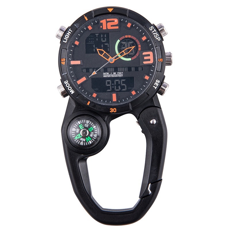 Cross-border multi-functional compass circular screen outdoor mountaineering buckle watch, dual-movement sports chronograph, waterproof mountaineering pendant watch Application Scenario