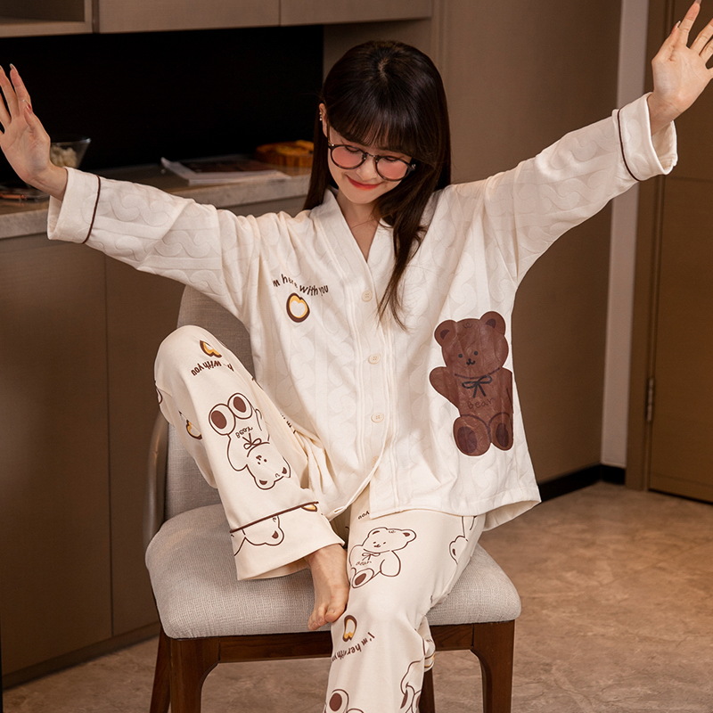 Autumn and winter cardigan pajamas women's long-sleeved shirts and long pants V-neck cotton Korean cartoon sweet women's two-piece set for live streaming Specification image