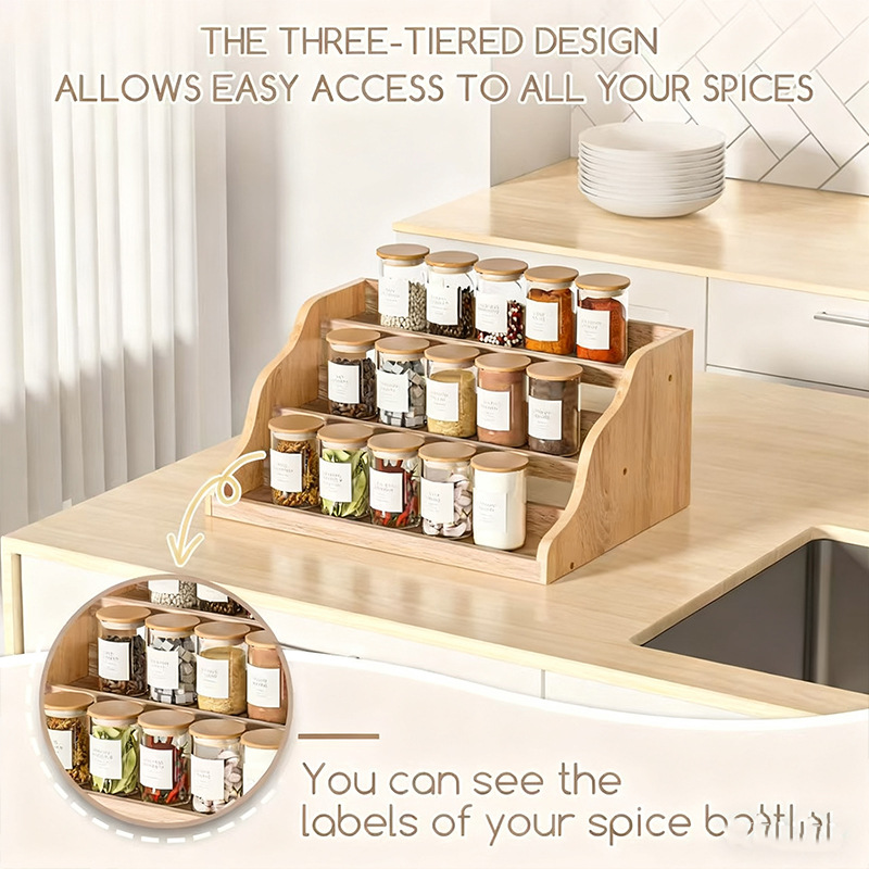 Solid wood seasoning rack, multi-layer stepped wooden simple household kitchen organization rack, figurine cake display rack pic 2