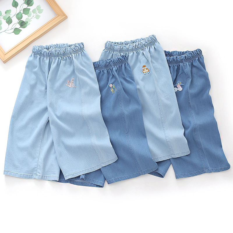 2022 Summer New Girls' full-print Tencel denim washed capri pants, wide-leg pants, children's girls' slung pants