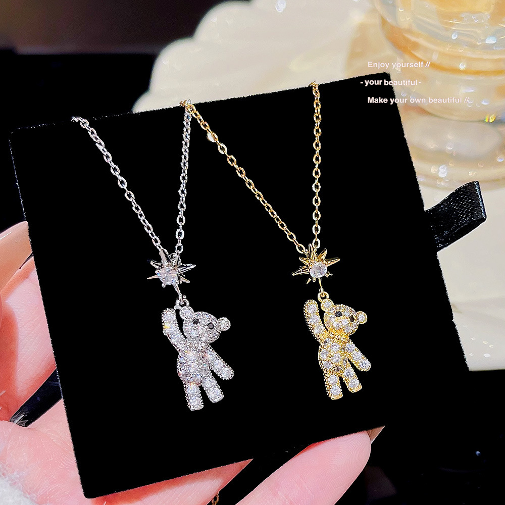 Light Luxury Flash Diamond Bear Pendant Ins Style Hip Hop Necklace For Women With A Sophisticated Sense Of Simple New Collarbone Chain Accessories details Picture
