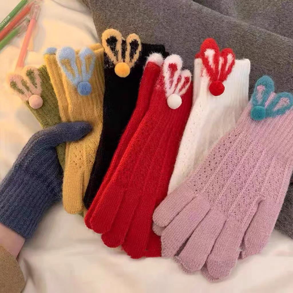 Red winter warm gloves for women and students with open fingers, knitted and hollowed-out rabbit ears