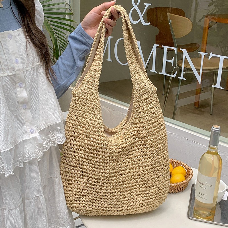 2025 New woven bag for women, fashionable and versatile, summer beach bag, large-capacity woven handbag, single-shoulder bag