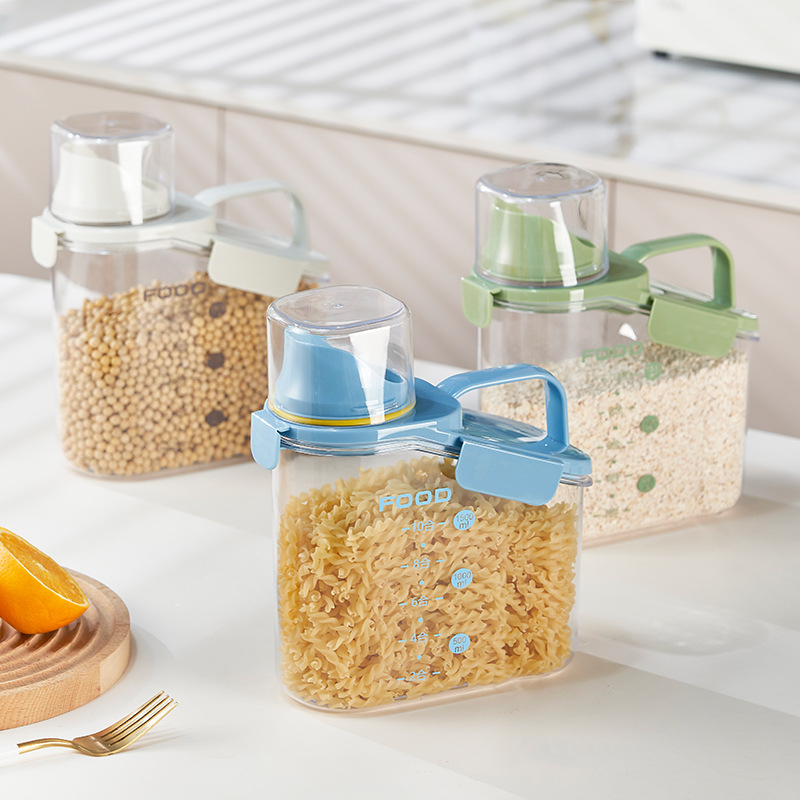 Japanese-style portable sealed multi-grain jar, kitchen multi-functional five-grain bucket, transparent measuring cup, wooden bucket, small rice storage bucket
