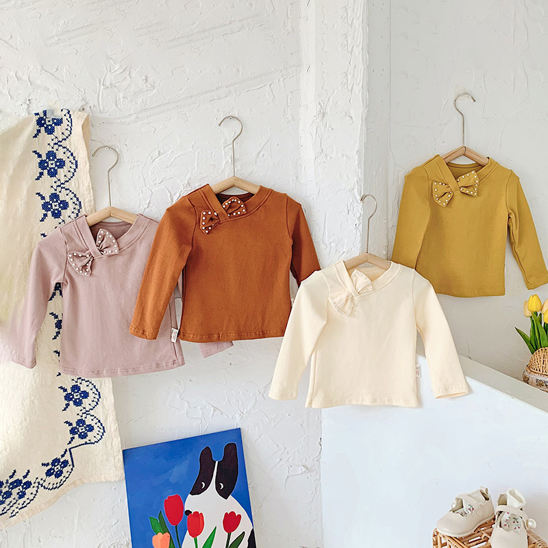 厂家直销2022秋季新品珍珠蝴蝶结长袖女童打底衫儿童全棉t恤韩版