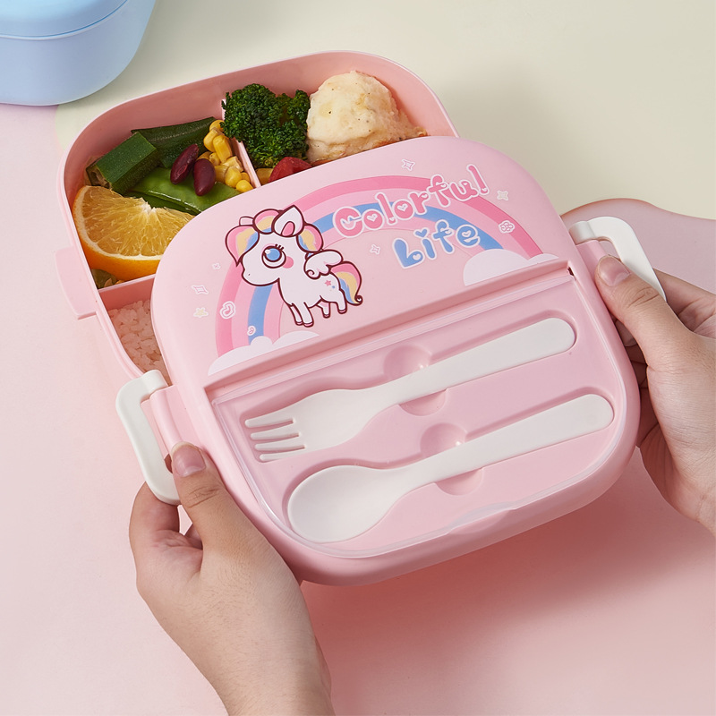 Children's cartoon compartments lunch box, heating bento box, student portable lunch box, food-grade preservation for outdoor picnics details Picture
