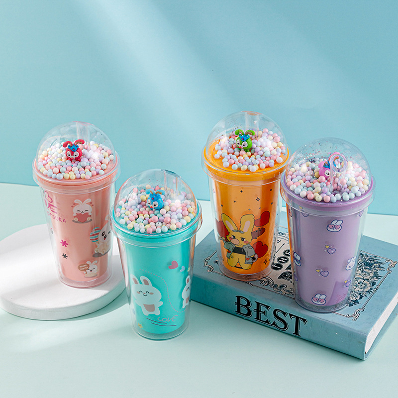Cross-Border New Net Red Rabbit Cup High Appearance Level Cartoon Children's Milk Tea Straw Cup Double Plastic Water Cup Landscape Cup