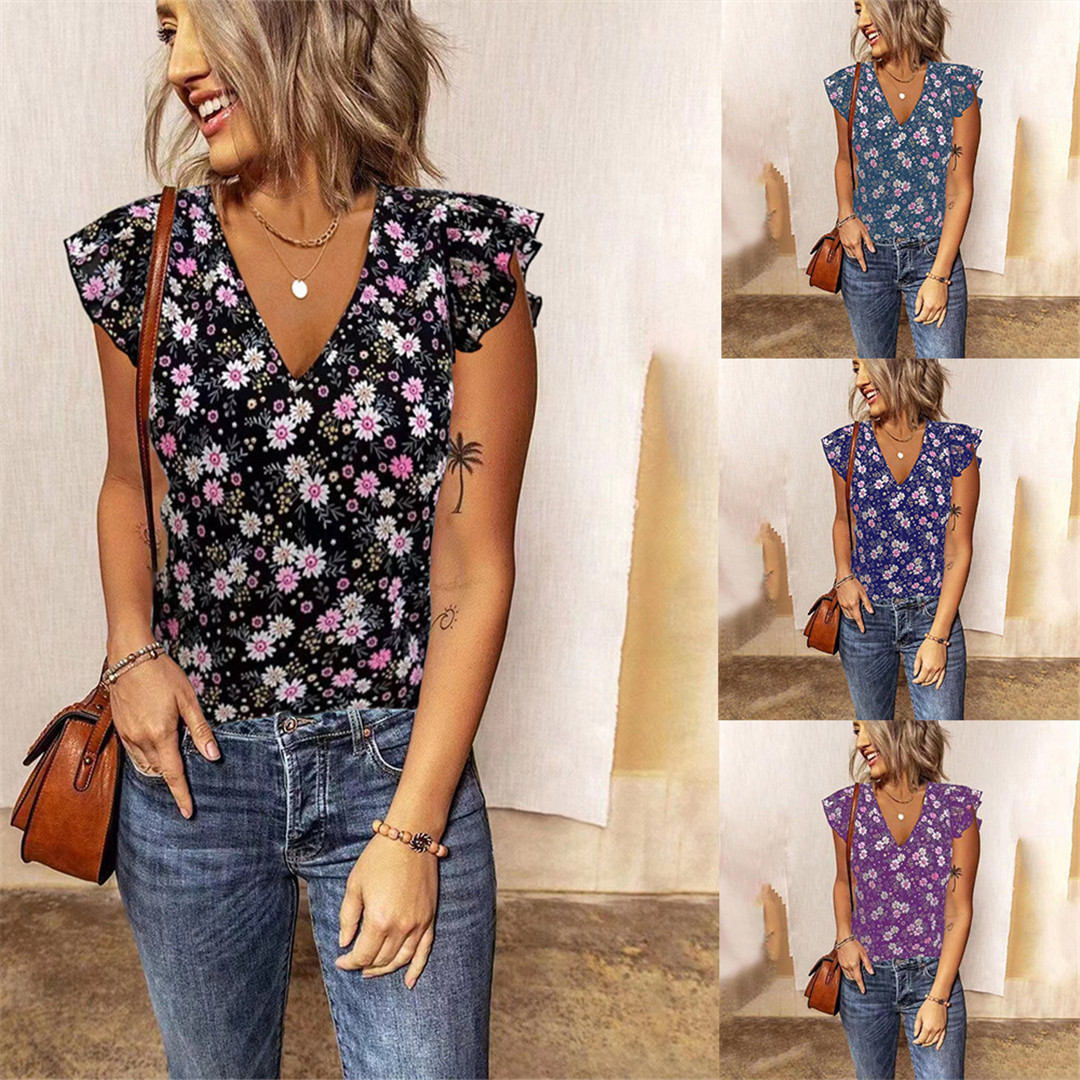 2022 Summer Amazon wish Cross-border New Women's Clothing Loose small floral V-neck lotus leaf sleeve T-shirt top