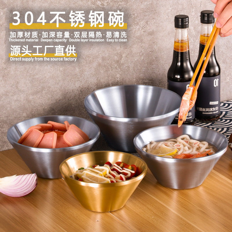 304 Stainless Steel Bowl, Ramen Bowl, Golden V-Shaped Bowl, Salad Bowl, Double-Layer Insulated Conical Bowl, Commercial Cuisine Hot Pot Restaurant details Picture