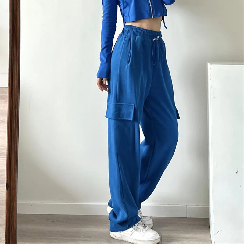 European and American style high-waisted slimming women's work pants, personalized pocket long pants, 2022 autumn new loose drawstring sport pants