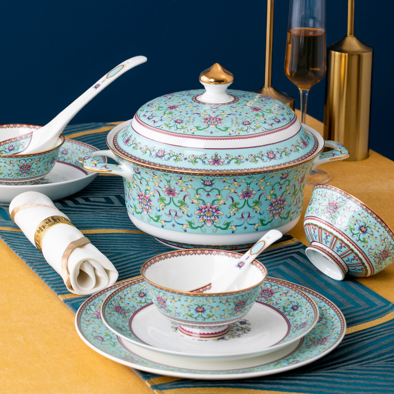 Dish Set Household Enamel Tableware Palace Chinese Peacock Blue Tableware Jingdezhen Bone China Bowl And Dish Set details Picture