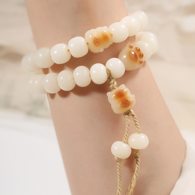 Charcoal-burned cat paw Bodhi root bracelet, natural white jade Bodhi seed prayer beads, men's cultural play, ethnic style couple bracelet, women details Picture