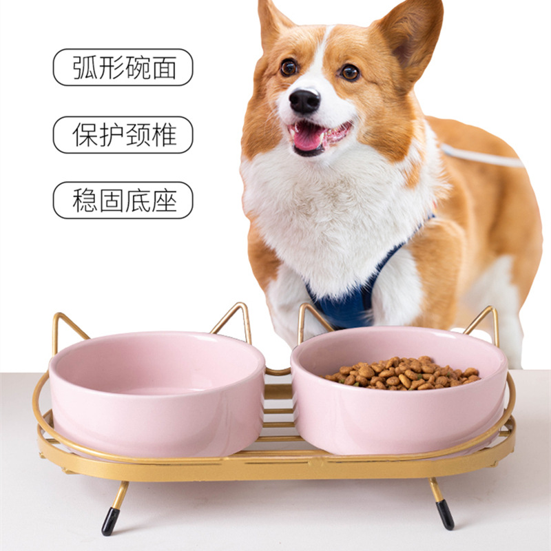 猫碗双碗陶瓷保护颈椎狗狗食盆猫饭碗盆小型犬狗碗喝水一体猫粮碗