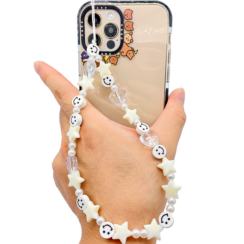 European and American DIY pearl smiling face round bead mobile phone chain, ins beaded mobile phone hanging chain, hanging rope, mobile phone case hanging accessory, hanging decoration