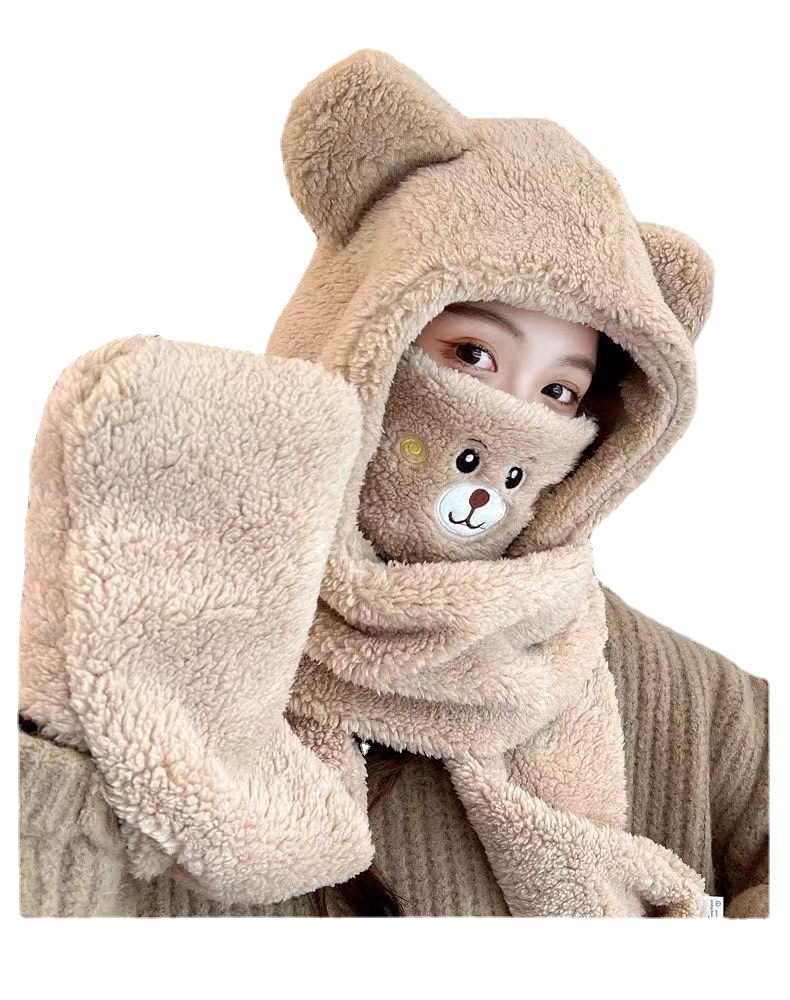 New Four-Piece Set Cute Bear One Hat Scarf Mask Gloves Thick Warm Hat Electric Car Cold Cap Item Picture