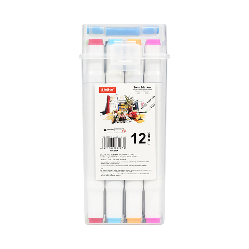 Weibo Stationery's new minimalist style multi-color double-headed marker pens with white pen barrels and transparent outer boxes are available for wholesale from the manufacturer Item Picture