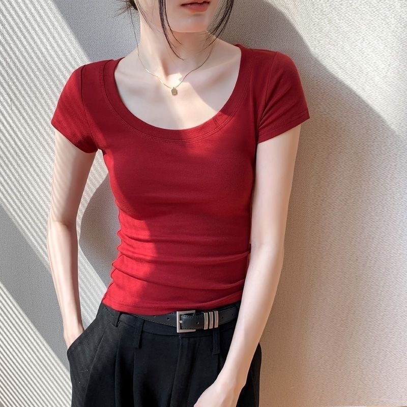 纯棉正肩短袖T恤女2025夏季新款修身露锁骨显瘦u领打底衫上衣辣妹