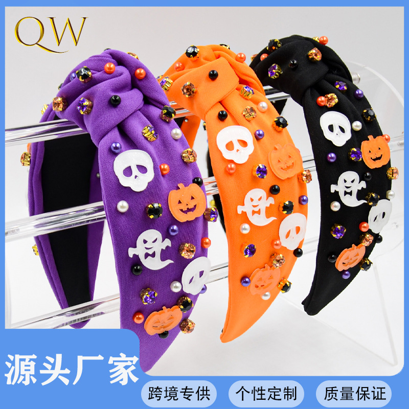 Qiwei Accessories' exclusive 2025 Halloween New fashion fabric knotted headband, diamond-encrusted ghost pumpkin, dark style women's holiday hair accessory
