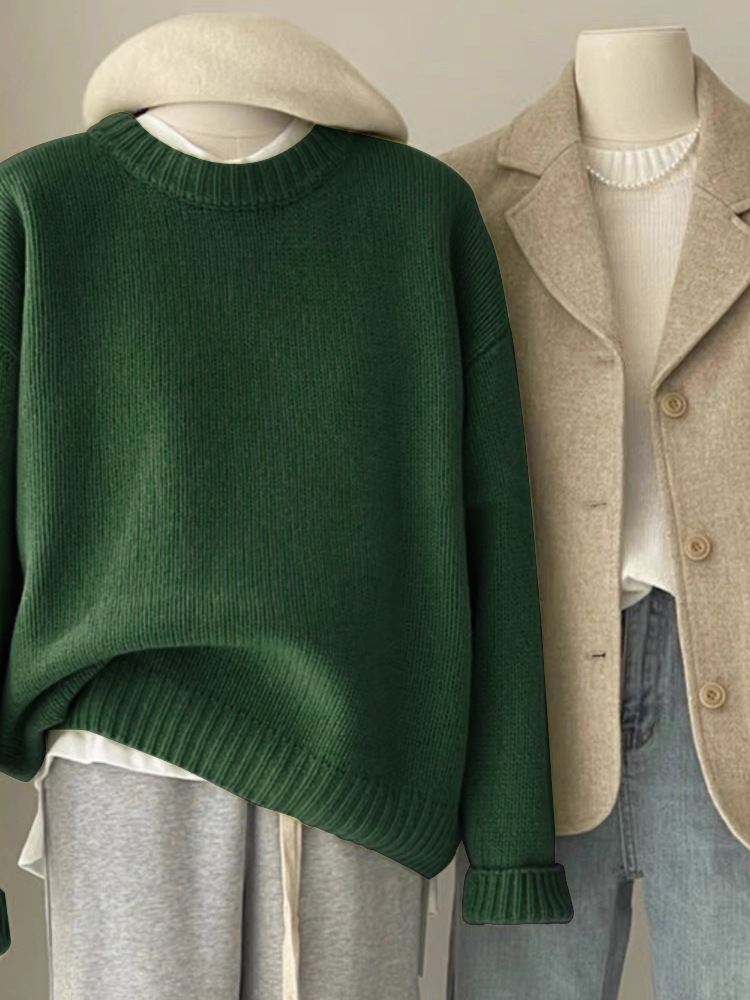 日系复古深绿色毛衣女秋冬宽松慵懒风圆领套头打底内搭针织衫加厚详情8