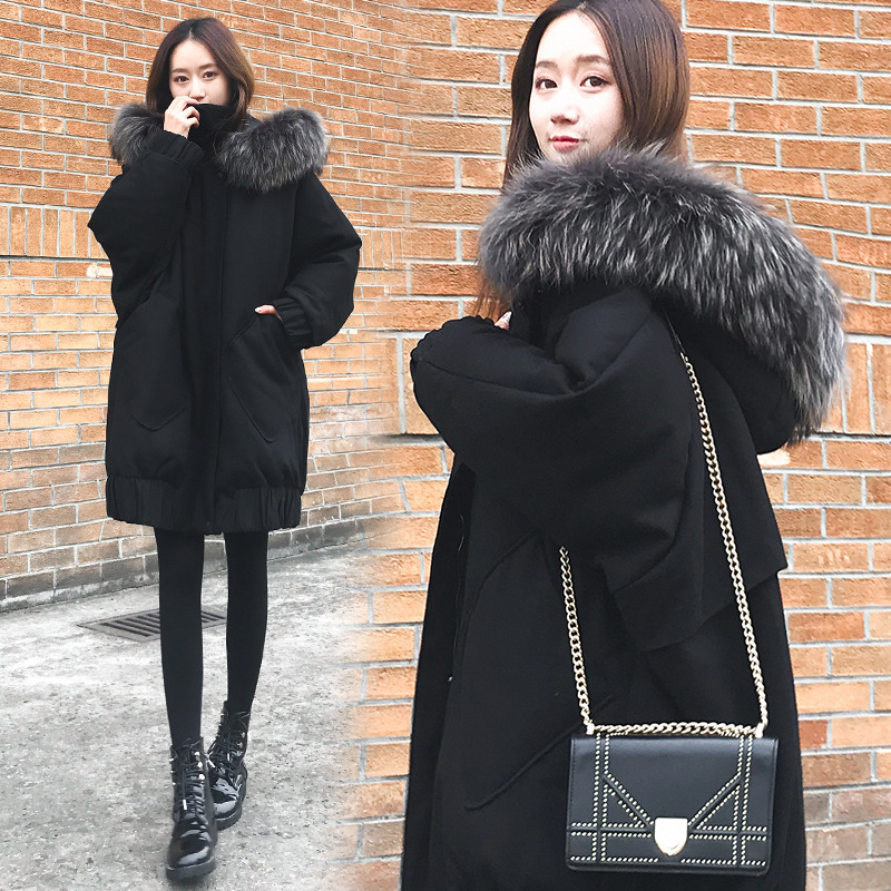 Extra-large fur collar cotton-padded jacket for women in 2022, a thick and slimming mid-length down cotton-padded jacket for Korean students details Picture