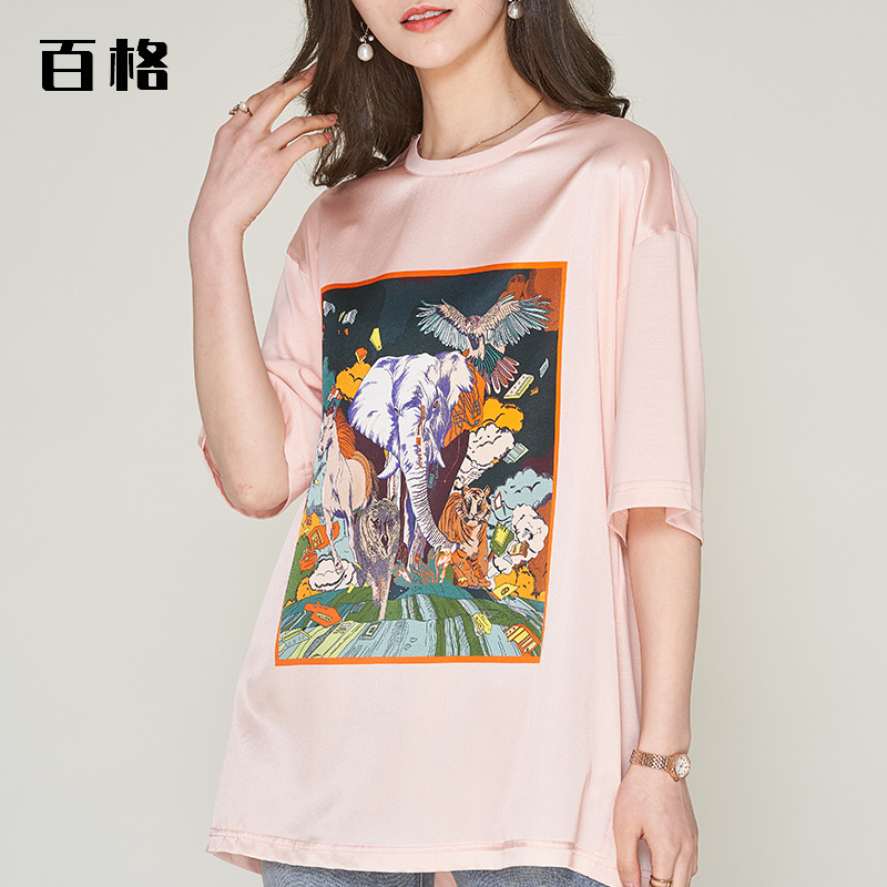 重磅真丝上衣桑蚕丝短袖T恤女夏季2022新款打底衫圆领印花女装