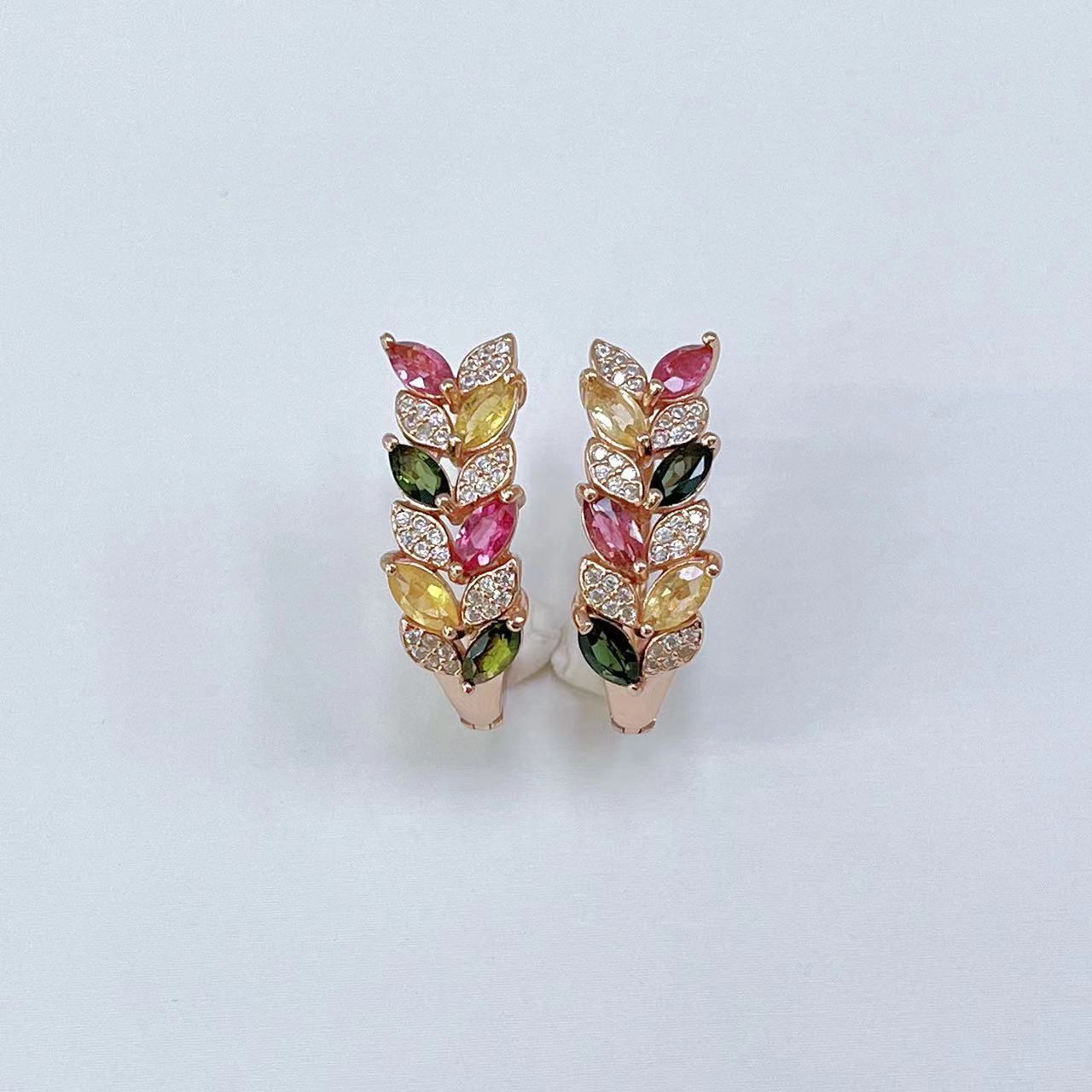 Wholesale Korean version 925 silver electroplated rose gold inset tourmaline women's high-end, niche and individual earrings. Random color Item Picture