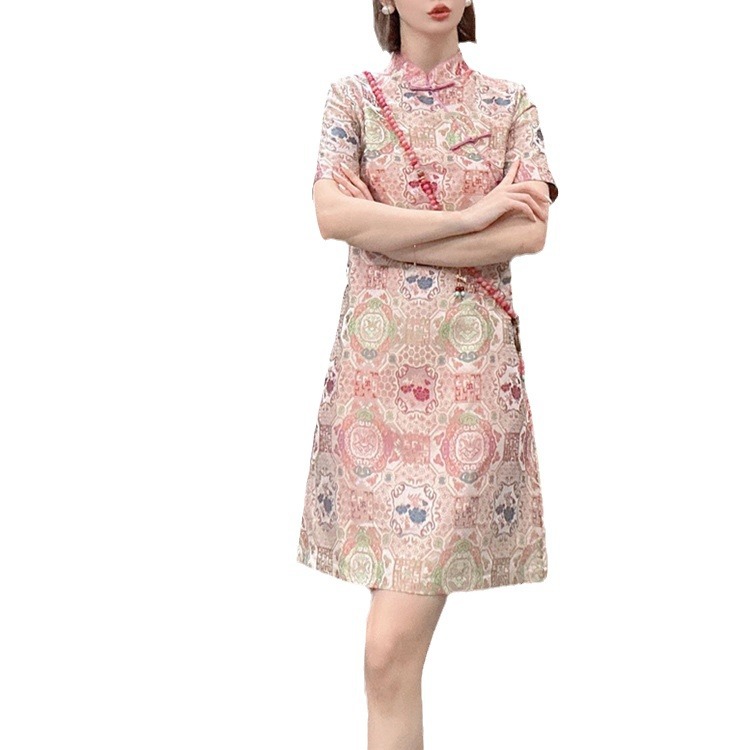 New Chinese-style cheongsam, a high-end, exquisite and super beautiful pink Tang dress with buttons for women in summer Item Picture