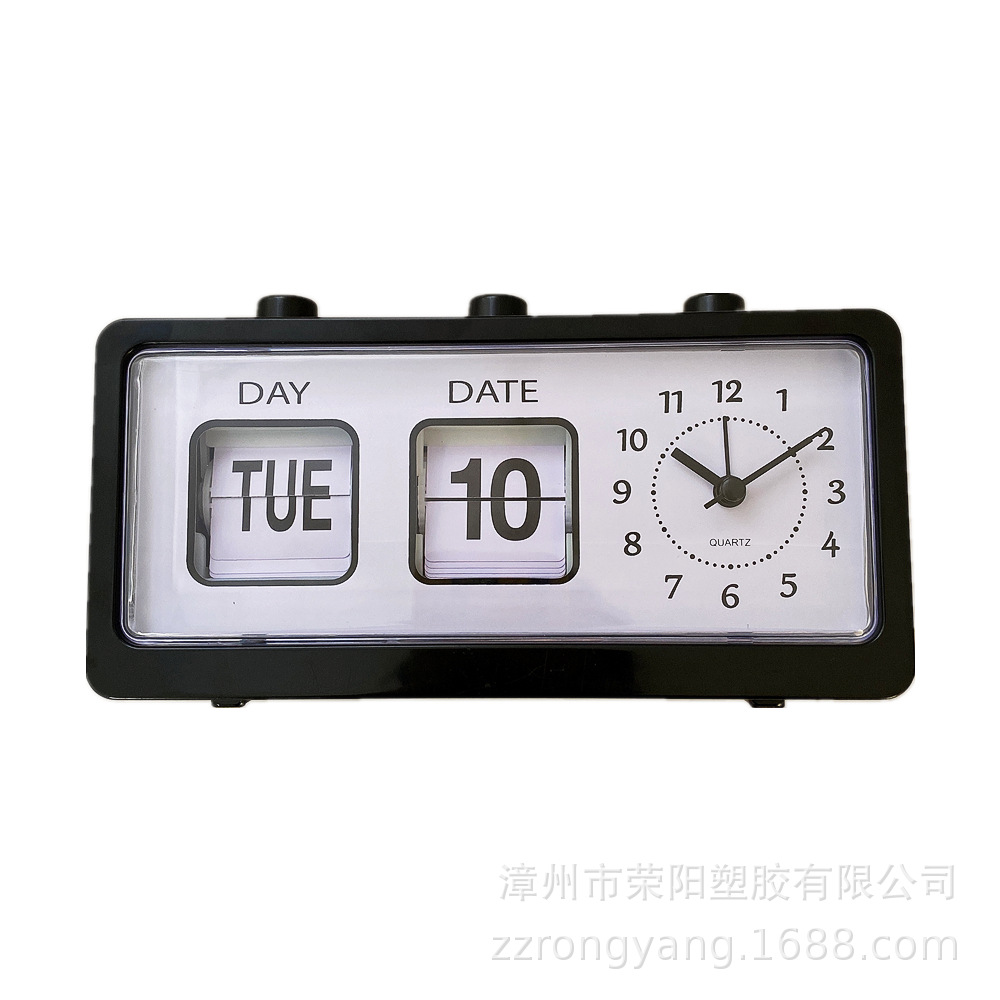 Black manual page-turning calendar alarm clock, digital clock, calendar clock, table clock, square creative and versatile alarm clock details Picture