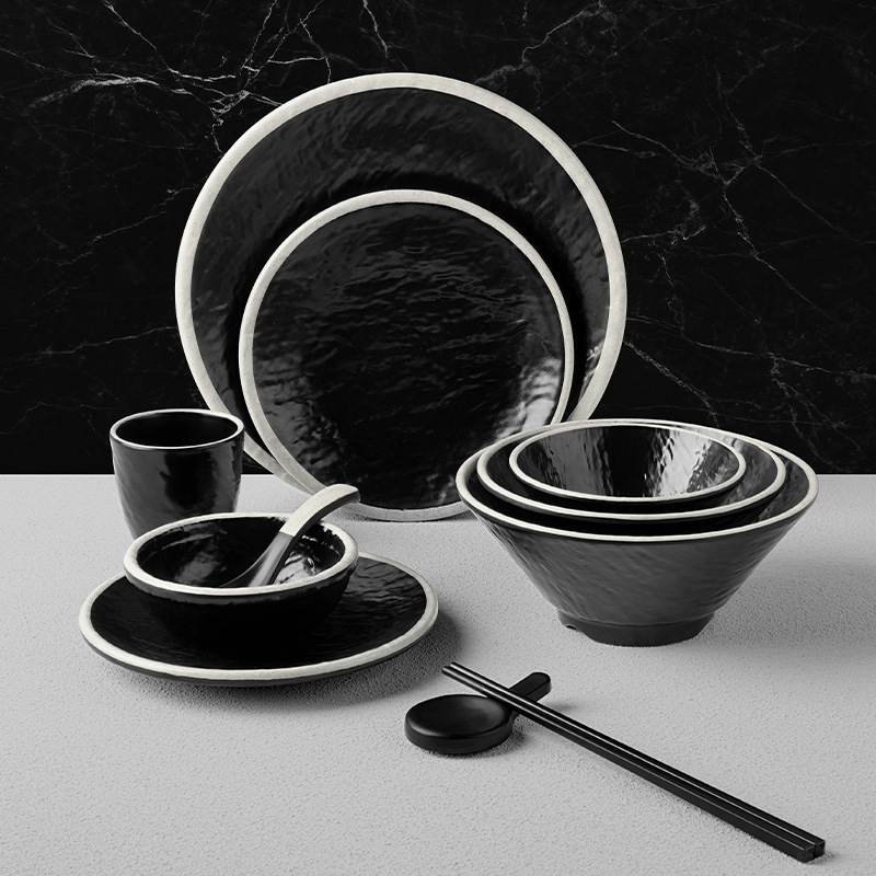 Melamine tableware with black background and white circle, hot pot tableware, noodle restaurant bowls, flavor plates, melamine tableware wholesale details Picture