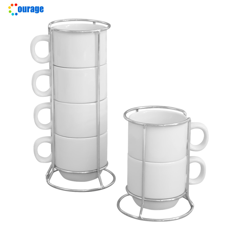 Factory direct sale of heat transfer blank consumables. Print fun stackable cups with cup holders, white ceramic mugs Item Picture