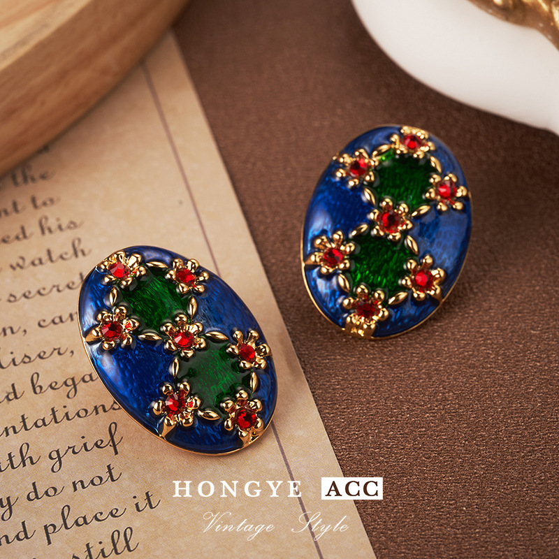 宫廷风珐琅耳环女中古vintage复古925银针滴油批发轻奢高级感耳饰