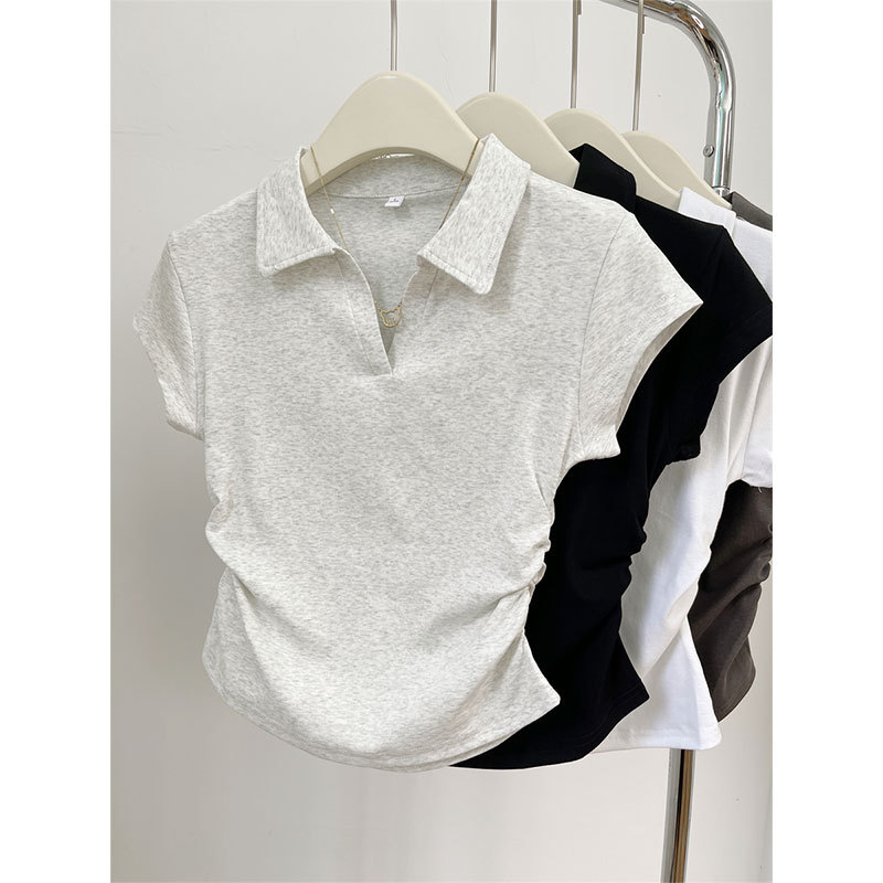 夏季纯棉修身显瘦正肩t恤女短袖设计感不规则褶皱短款Polo衫上衣