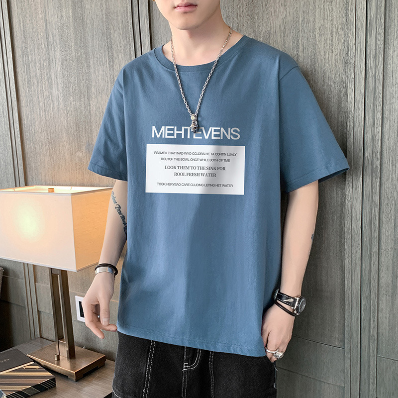 A short-sleeved, round-neck T-shirt for young men in summer, with a loose, cool, simple and casual print style details Picture