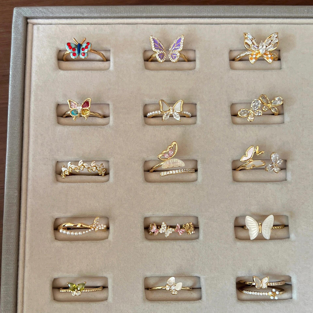 Enamel drop glaze butterfly ring, feminine, niche design, high-end and unique mother-of-pearl small diamond open ring new product Specification image