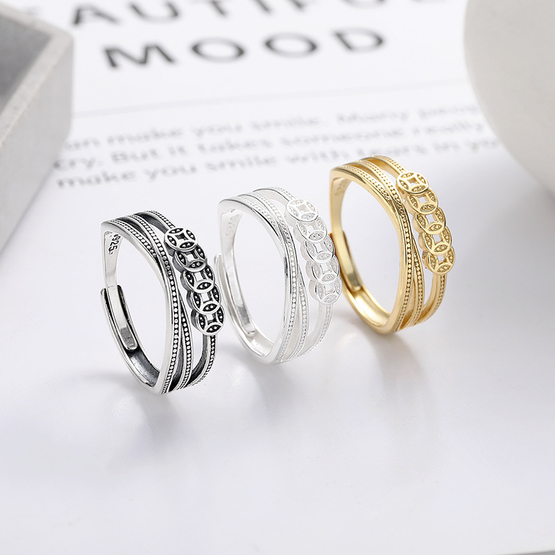 Yunchaoxuan S925 pure silver copper coin ring, retro and aged ethnic style multi-layer wound ring, direct sales from the manufacturer for index fingers