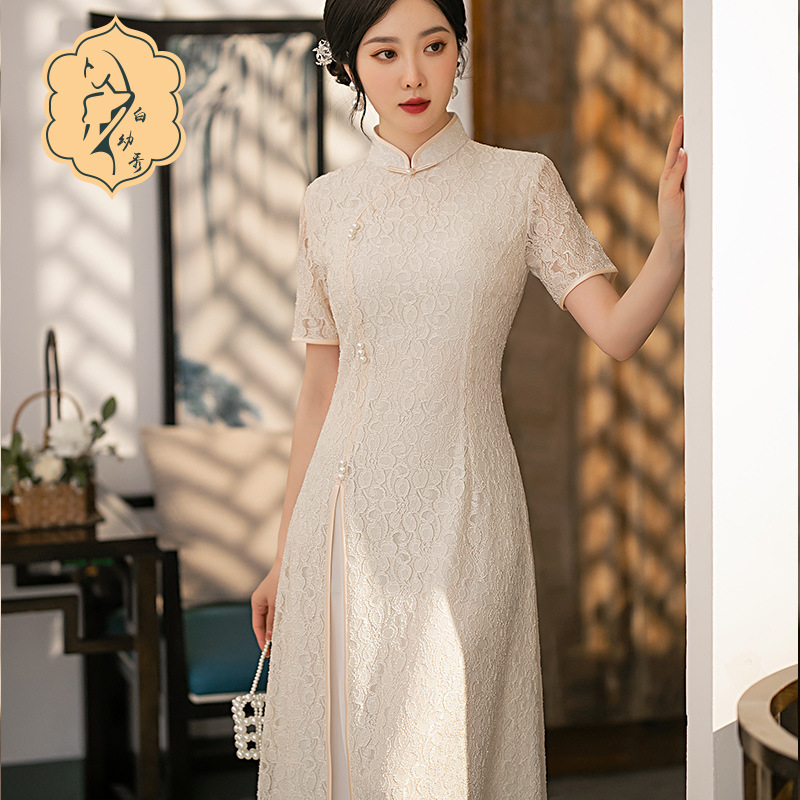 2022新款夏季中长款白色显瘦短袖蕾丝改良旗袍日常镂空女装B2124