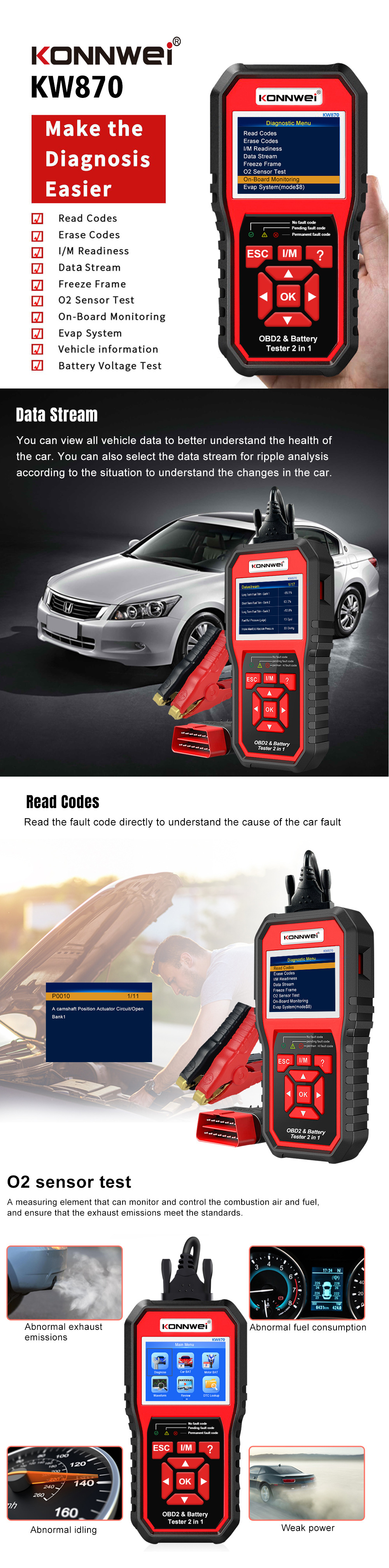 KONNWEI KW870 Car diagnostic instrument + battery detector详情5