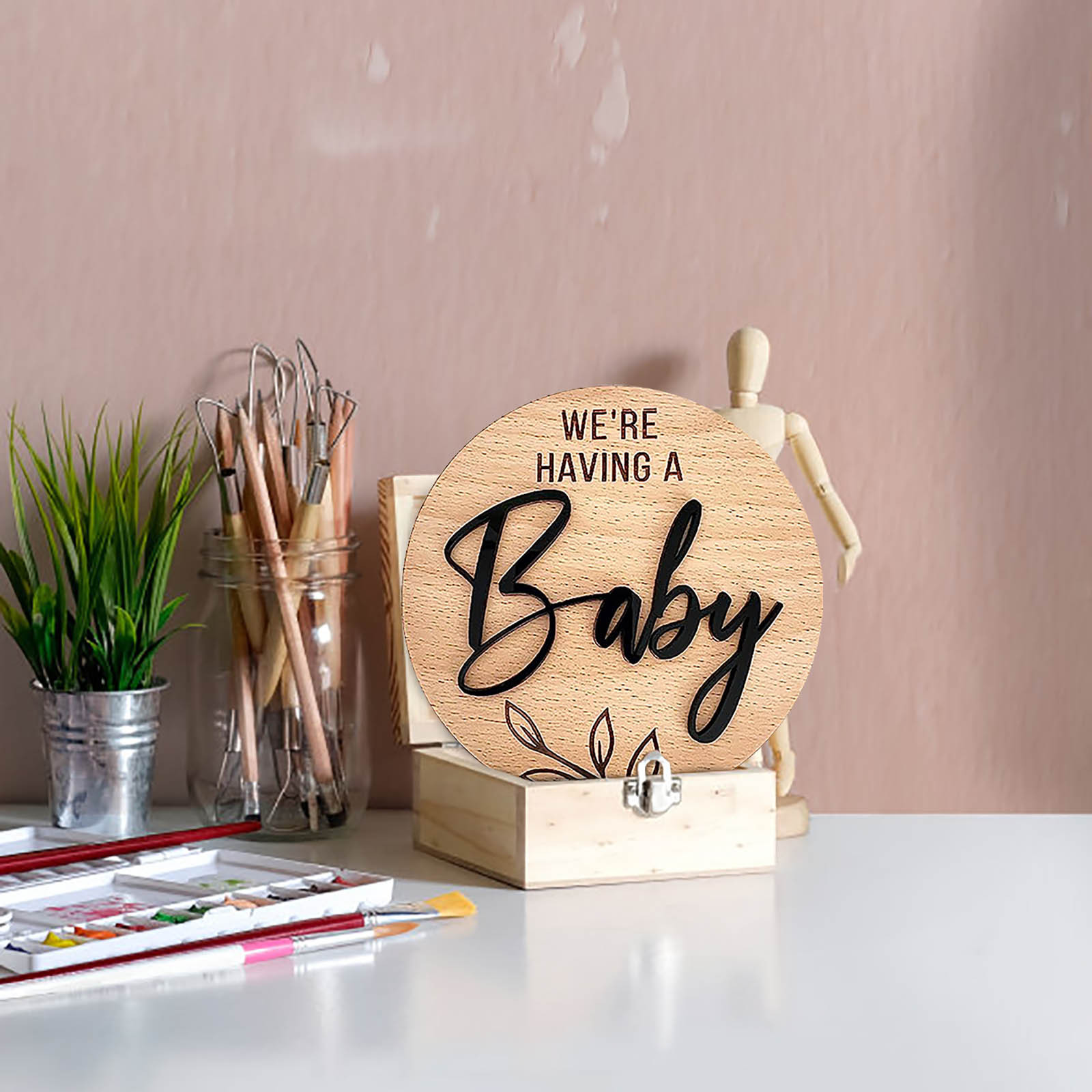 New wooden cross-border baby birth sign, doorplate, decorative pendant, newborn wooden round plate souvenir details Picture