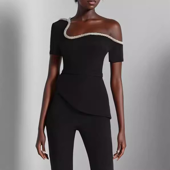 European and American cross-border women's clothing Spring/Autumn 2024 new solid-color off-the-shoulder short-sleeved, cinched waist, irregular wide-leg jumpsuit