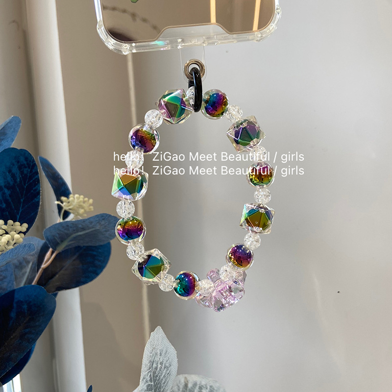 淡紫色创意皇冠手机链饰品几何透明圆珠手机壳挂饰甜美少女手链