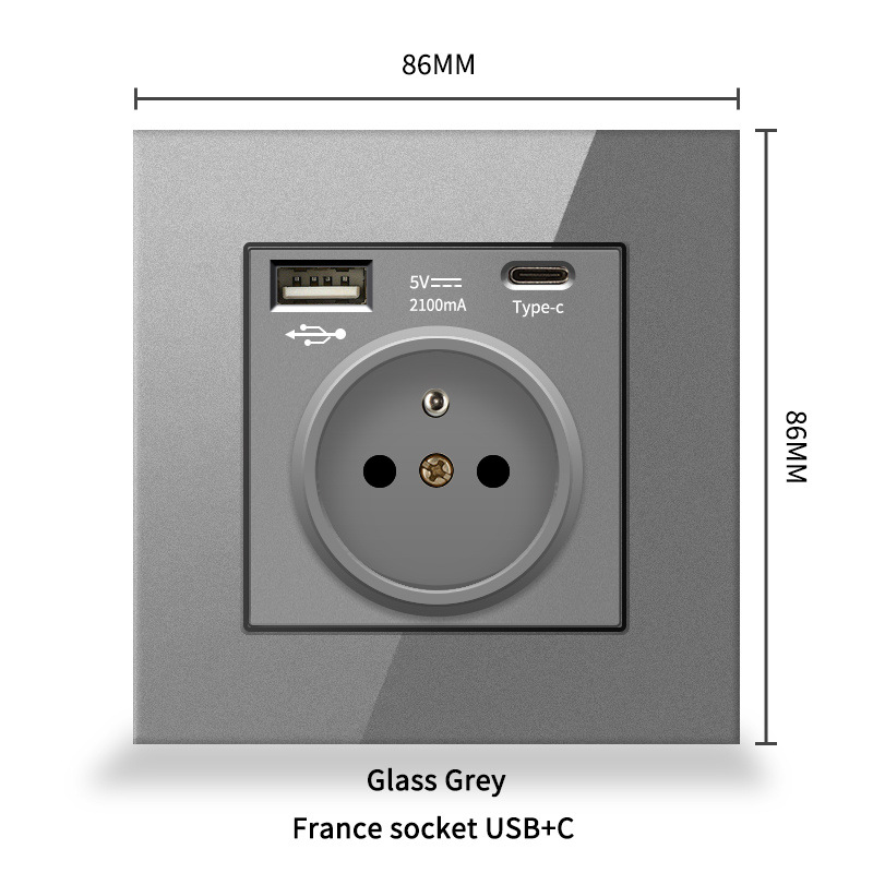 Type 86 European regulation European power socket black and white gold gray panel German standard Typec+USB European standard 16A glass panel 18026 details Picture