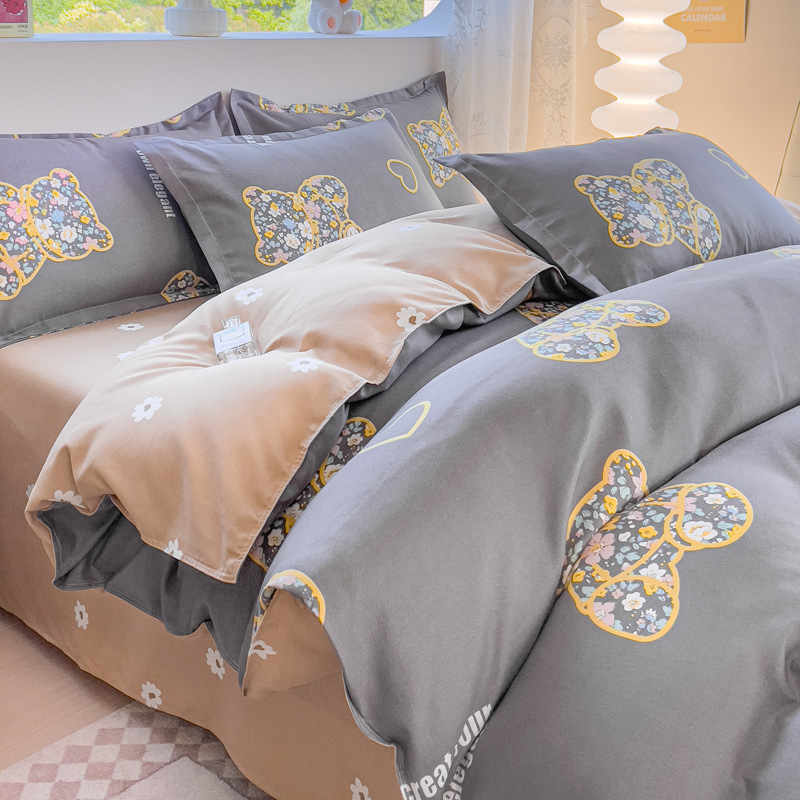 Fresh and clean four-piece set, all-cotton, pure cotton thickened brushed bed cover, bed sheet and quilt cover. Three-piece set for dormitory bedding Specification image