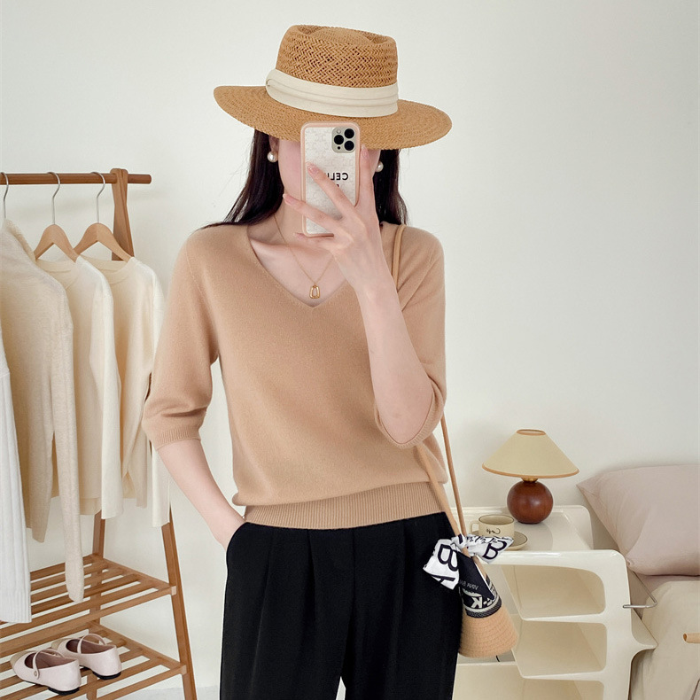 V-neck full wool knitted sweater for slimming and elegant look, seven-inch sleeve pullover wool sweater, sweater top #23127 details Picture