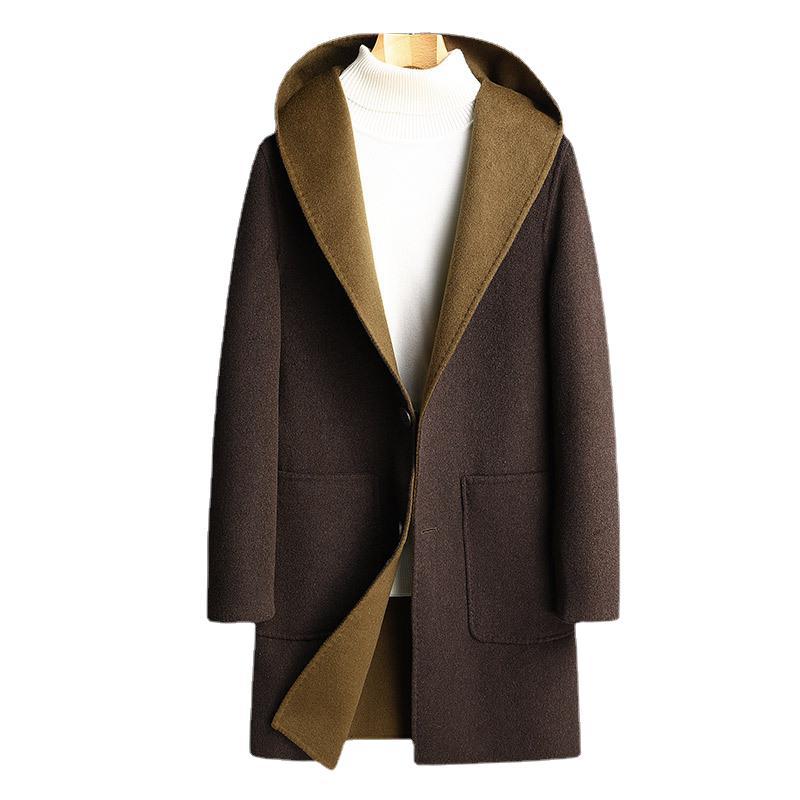 New hooded double-sided wool coat for men, mid-length double-sided nylon coat, windbreaker, and trendy young men's coat Item Picture