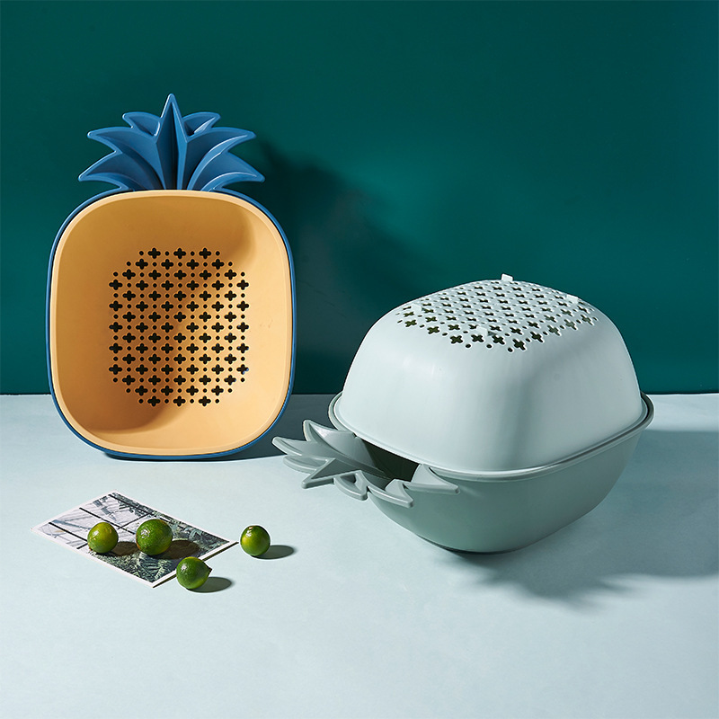 Double-layer pineapple draining basket, fruit and vegetable basin, kitchen vegetable and fruit storage basket, pink fruit basket, vegetable blue