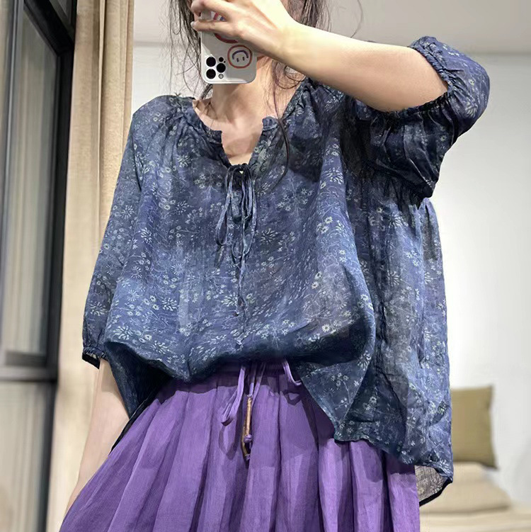Artistic and retro lace-tied ramie digital printed pullover three-quarter sleeve shirt for women, 2022 Summer new style floral shirt Specification image