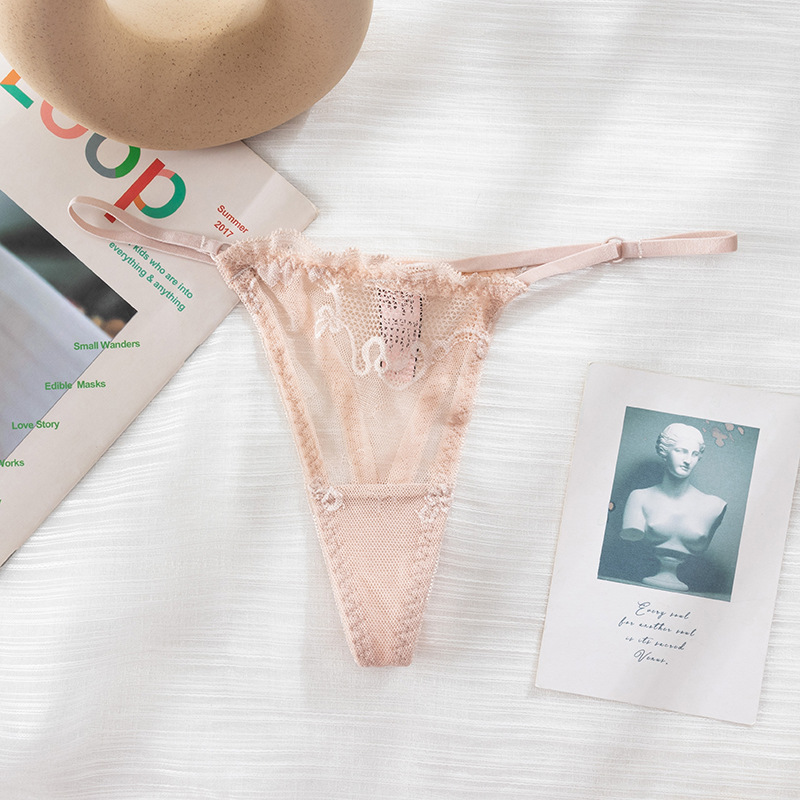 Cross-Border Factory Lace Sexy T Pants Thin Belt Hollow Seductive Underwear Women Fun Cotton File Low Waist Thong Women Specification drawing