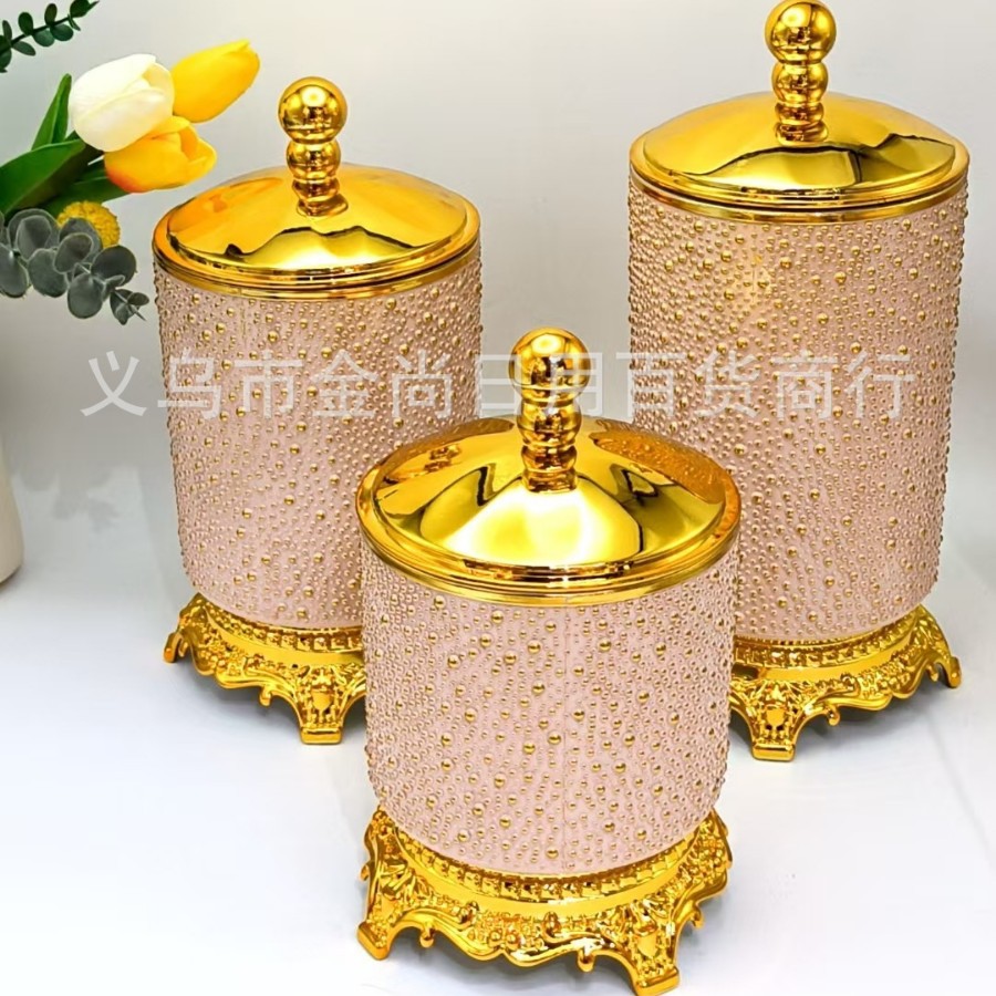 Round beaded lid rice bead sealed jar, transparent solid color gold edge bracket sealed jar, household kitchen storage jar with color box Specification image