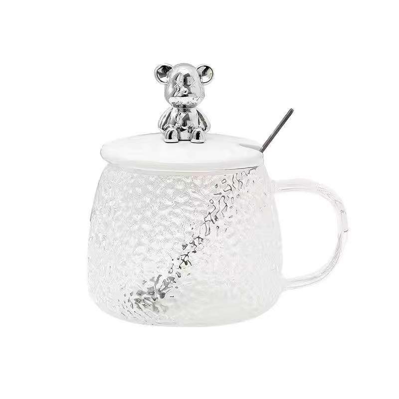 Japanese Hammer Pattern Bear Glass Home Ins Feng Shui Cup With Handle With Cover Spoon Milk Breakfast Cup Hair Replacement Item Picture