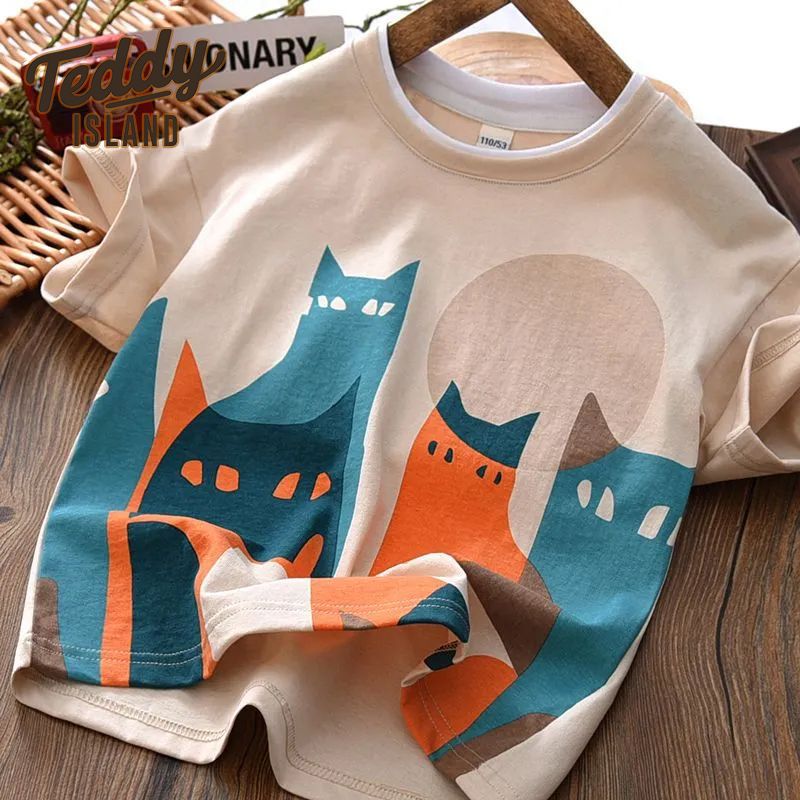Cotton Boys' short-sleeved T-shirt for summer 2023 new summer, featuring cat and Mi prints for boys, cotton half-sleeved Specification image